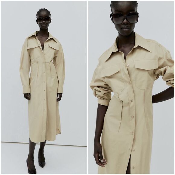 H&M Cotton Shirt Dress Beige New - Picture 1 of 7
